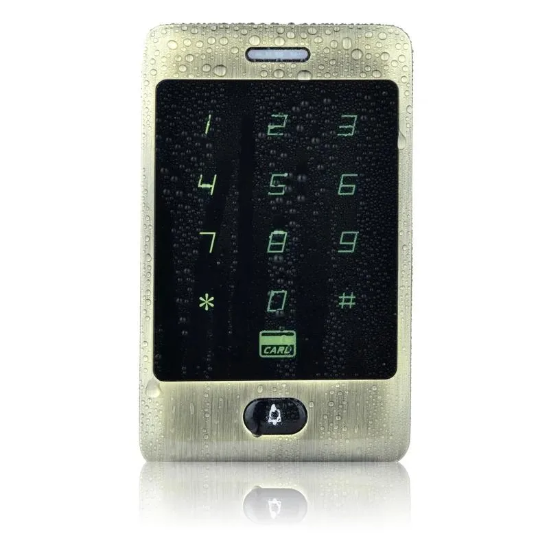 Rectangular metal access panel in pale green with touch keypad and card reader
