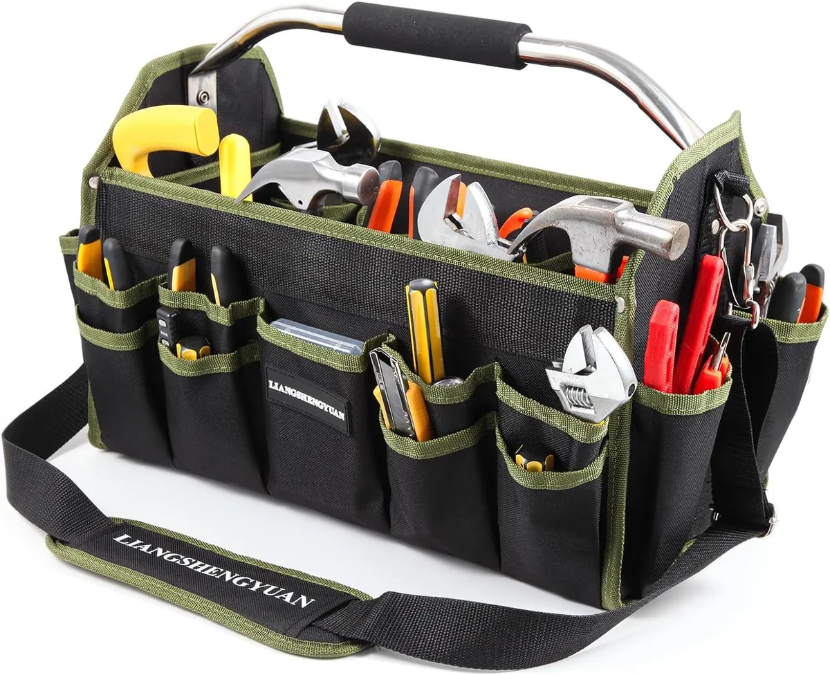 Open-top electrician tool bag, 16 inch, 30 pockets, stainless handle, removable strap