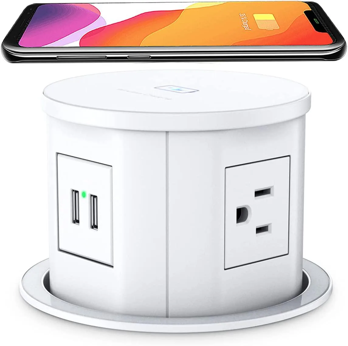 ENVEL ENVEL 4.7″ Pop-Up Countertop Outlet, 4 AC, 2 USB-A, 15 W Wireless Charger, White — product photo