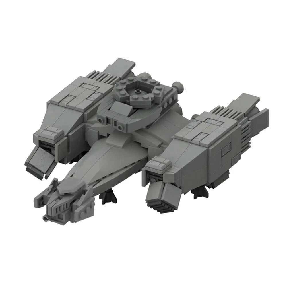 Colourful 703-piece interlocking brick spaceship model on a flat surface