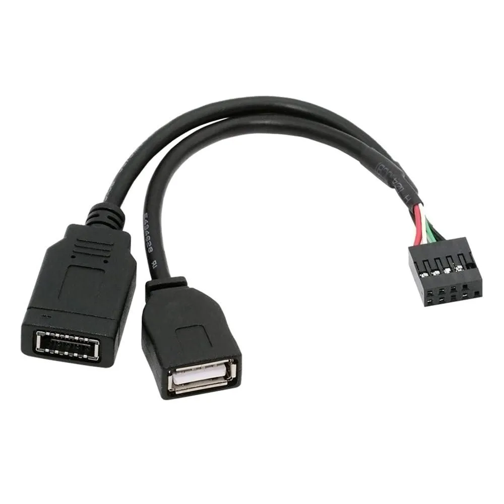 Short black cable with USB 2.0 header plug and dual Type-A plus Type-E sockets