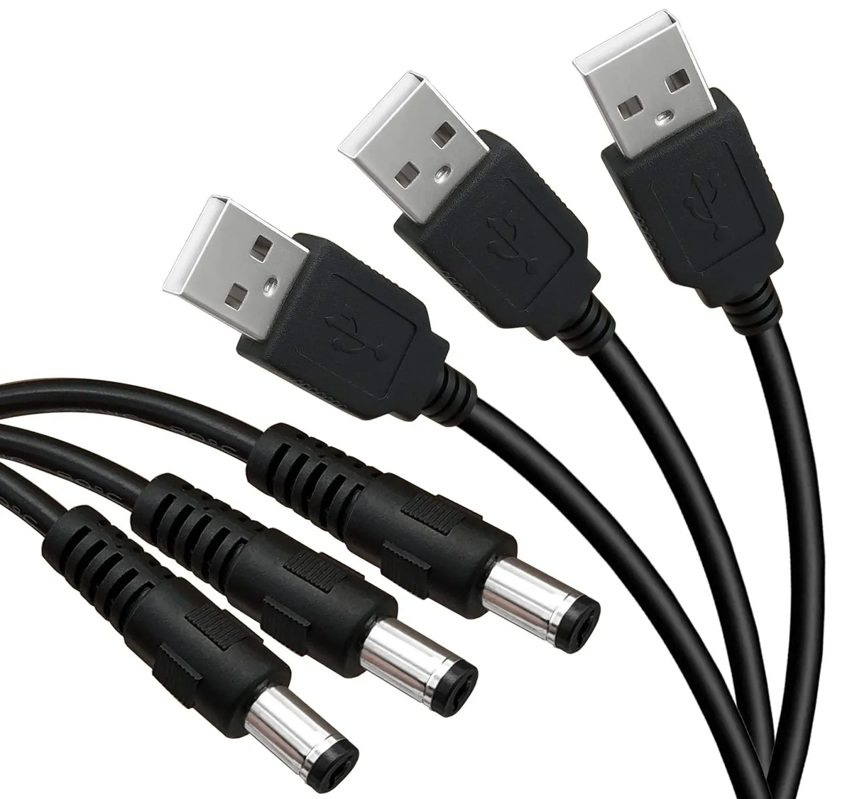 Three black 6ft USB-A to 5.5 x 2.1mm barrel cables
