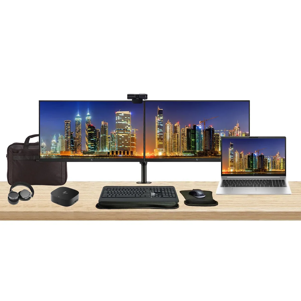 HP HP ProBook 450 G10 i5-1335U 16GB 256GB SSD bundle dual 24" monitors dock keyboard mouse webcam headphones bag — product photo