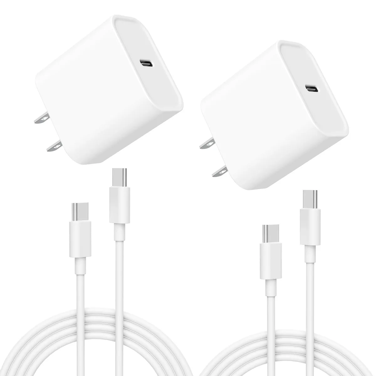 Two compact white USB-C wall chargers with two matching six-foot USB-C to USB-C cables