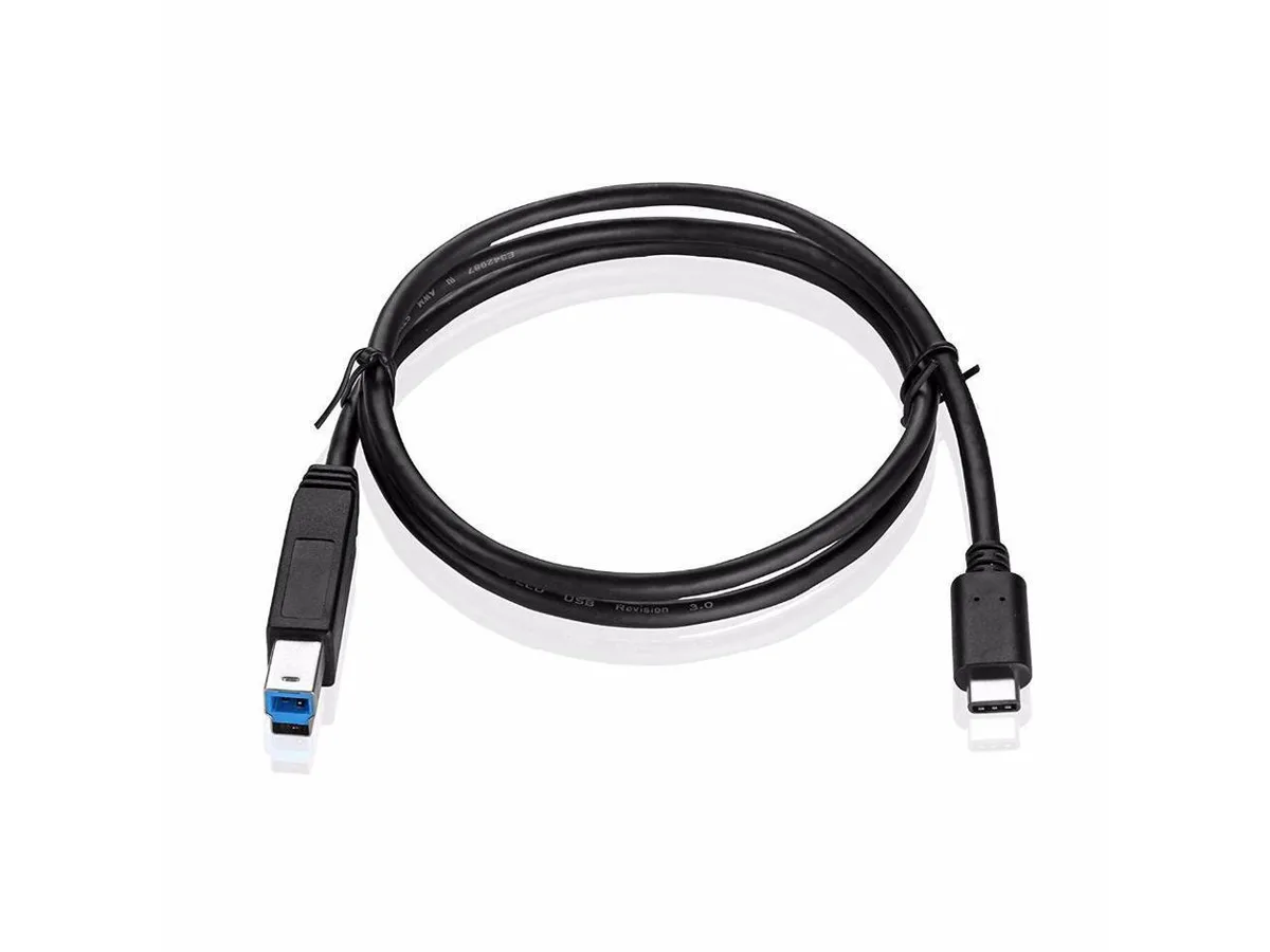 USB-C to USB-B cable, reversible Type-C plug, blue connectors