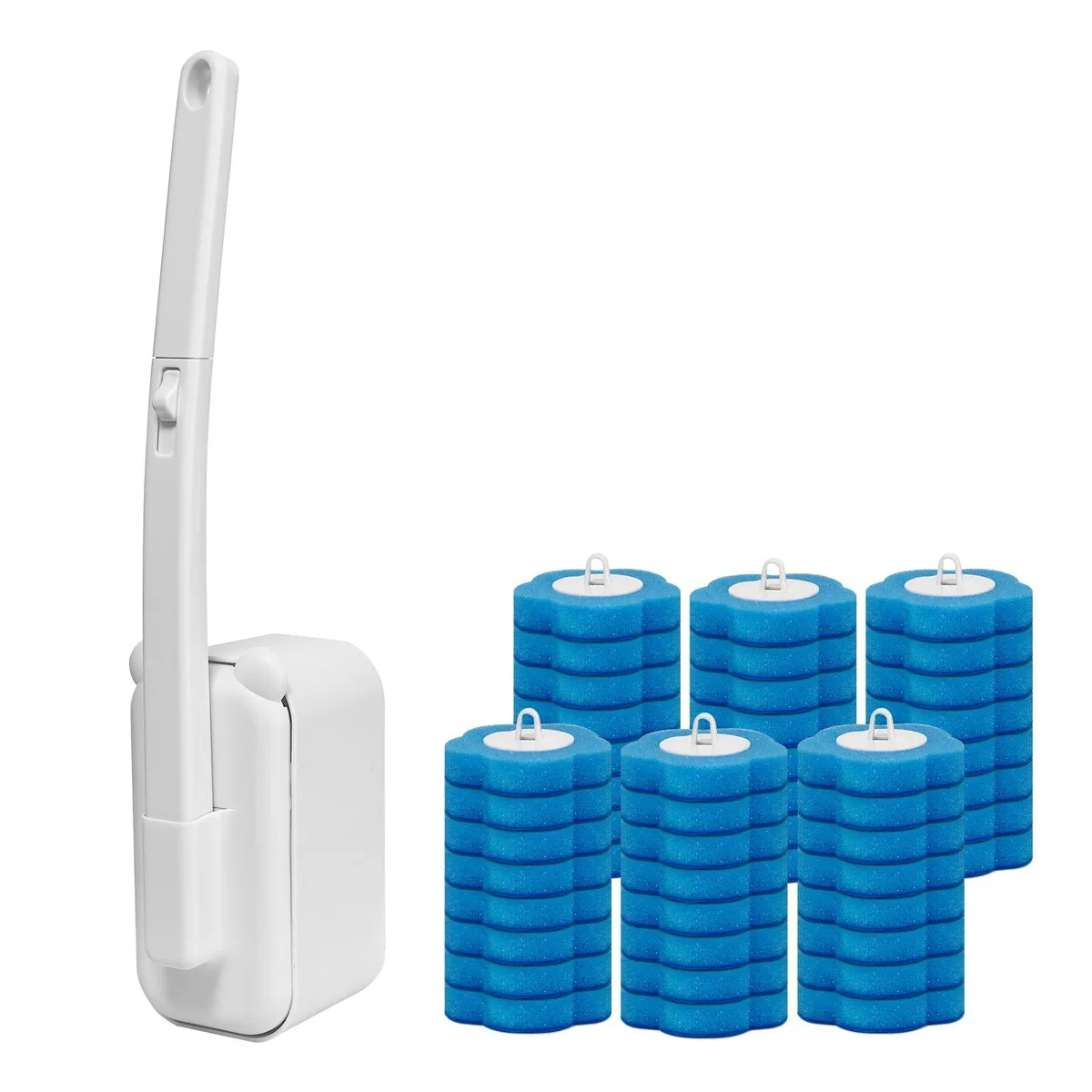 White disposable toilet brush with wall-mounted holder and refill heads