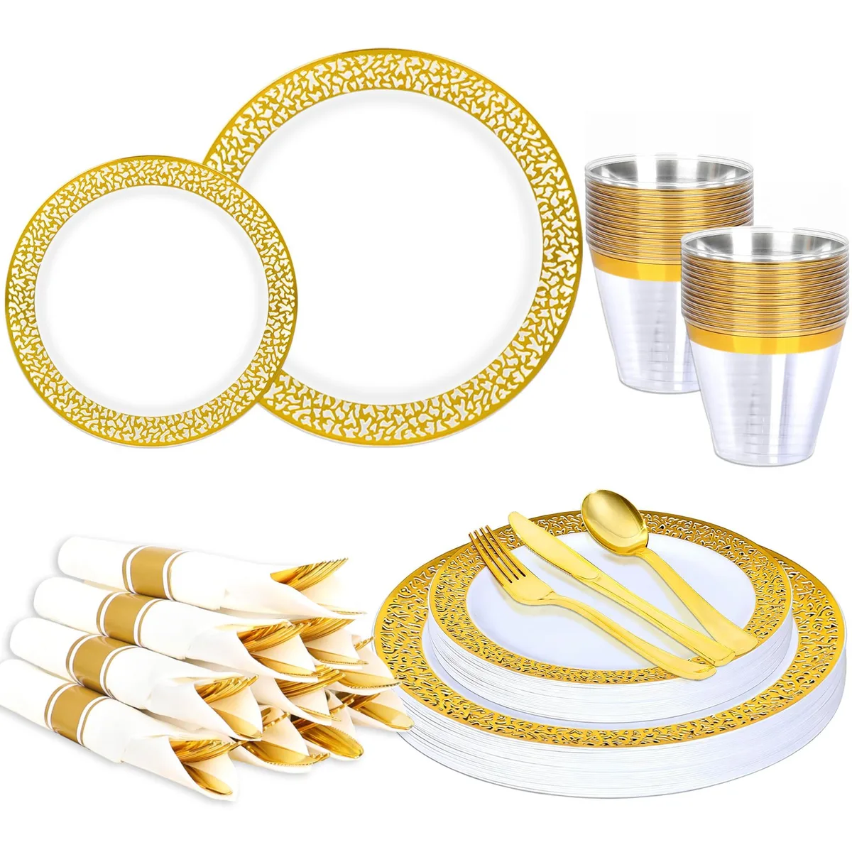 Gold disposable flatware set for ten guests, 70 pieces in clear plastic box