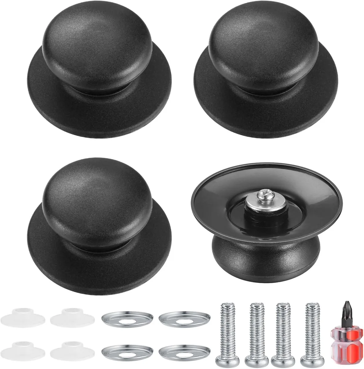 Four black bakelite knobs with stainless steel screws and gaskets