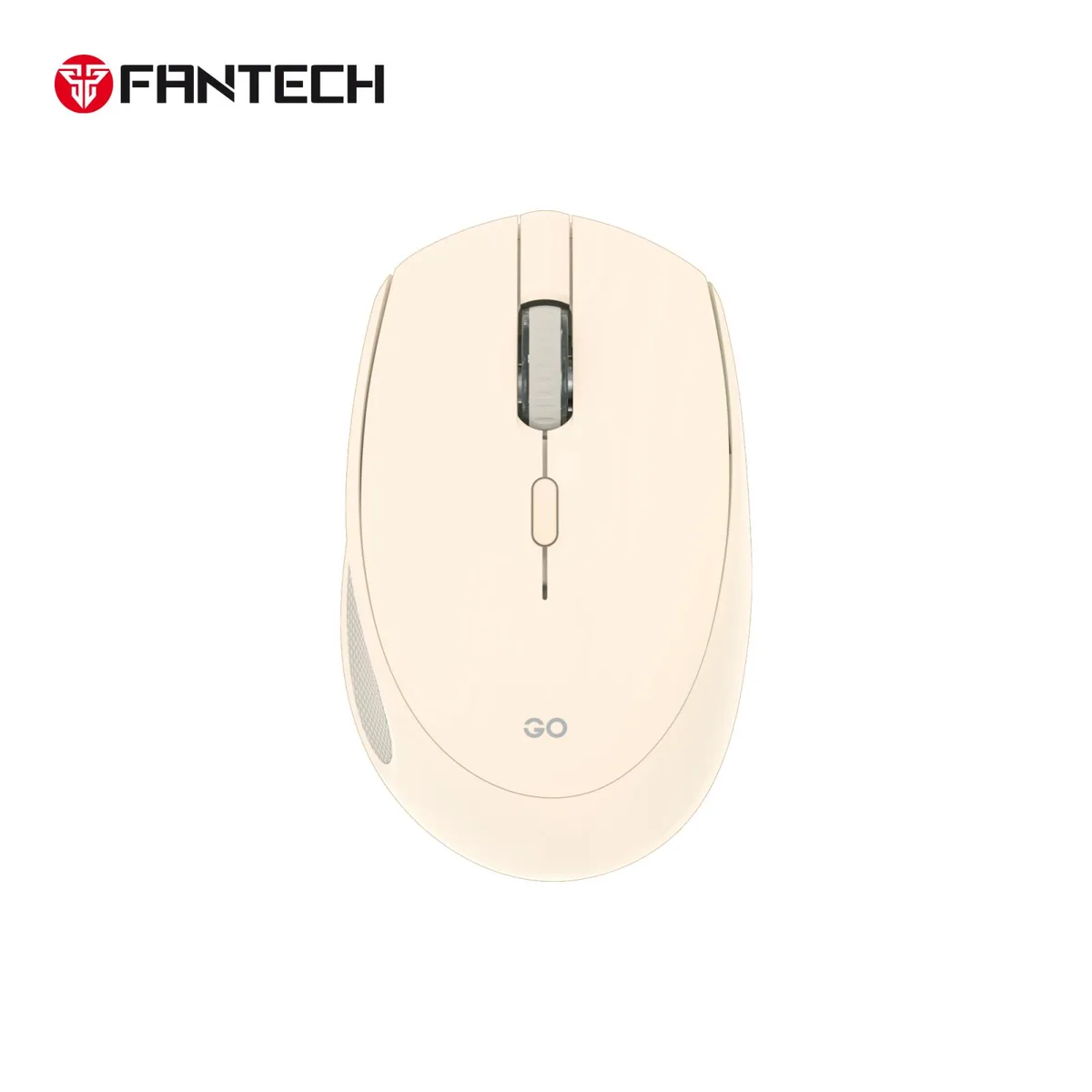 Beige wireless gaming mouse with ergonomic thumb contour, 5 buttons, USB dongle and AA battery included