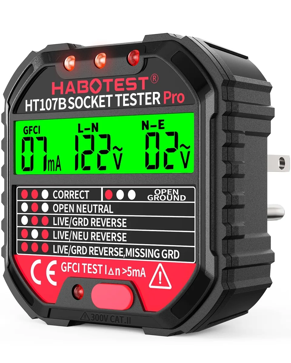 White rectangular US-plug outlet tester with colour LCD screen and indicator lights