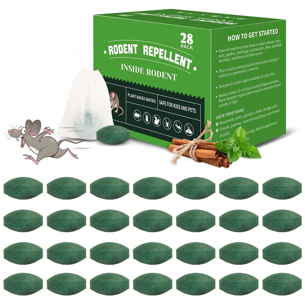 Peppermint oil repellent tablets in hanging sachets