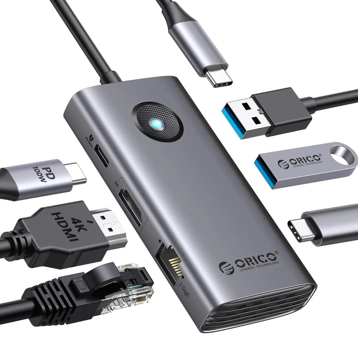 Orico Orico 6-in-1 USB-C Docking Station Gray 4K@30Hz PD100W Gigabit Ethernet — product photo