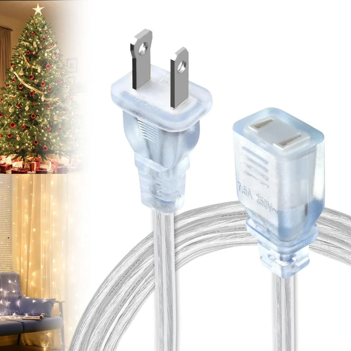  Kofuyni N003-TMDX3FT 3FT Clear Power Extension Cord 18 AWG 250V 7.5A — product photo