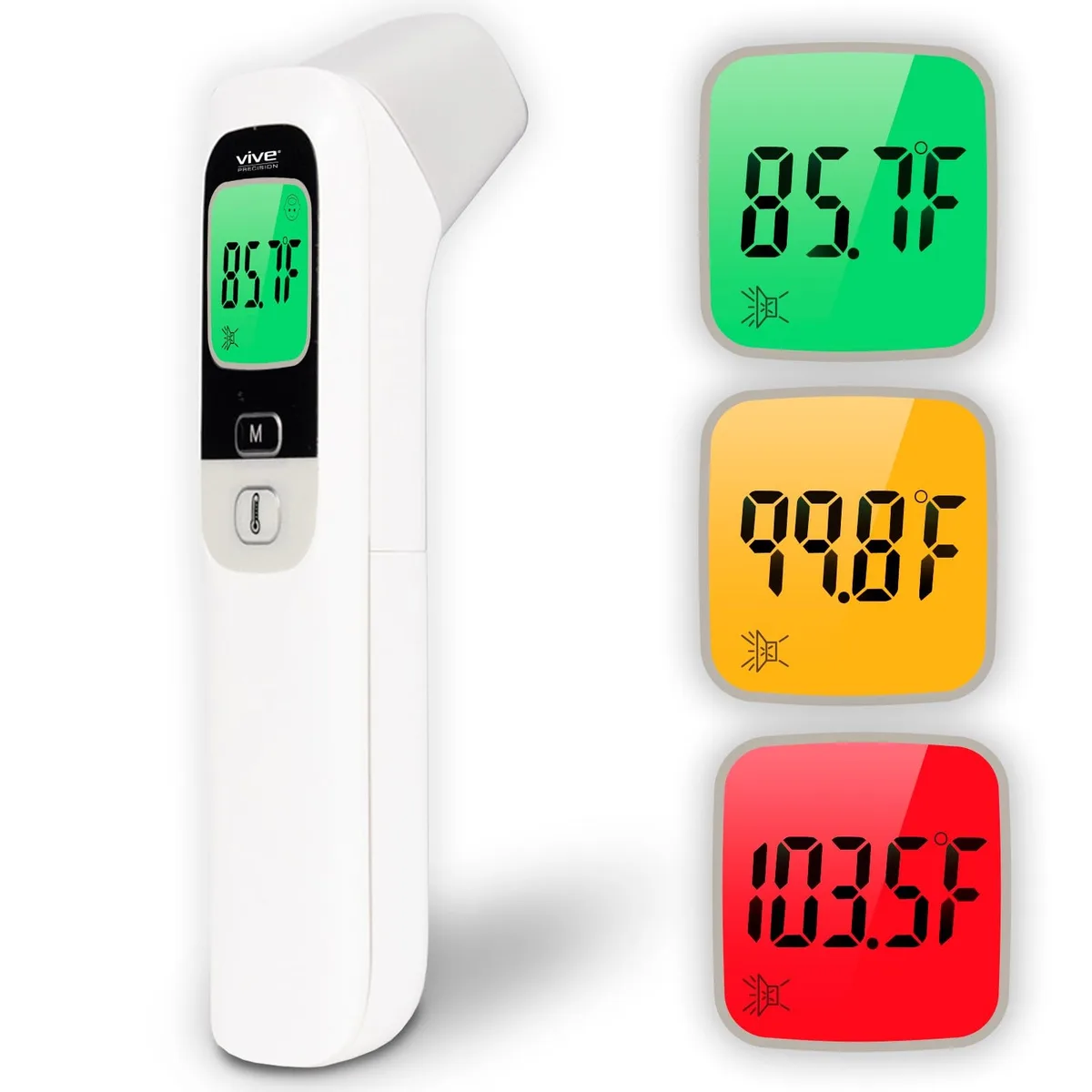White hand-held no-touch forehead thermometer with large display and carry case