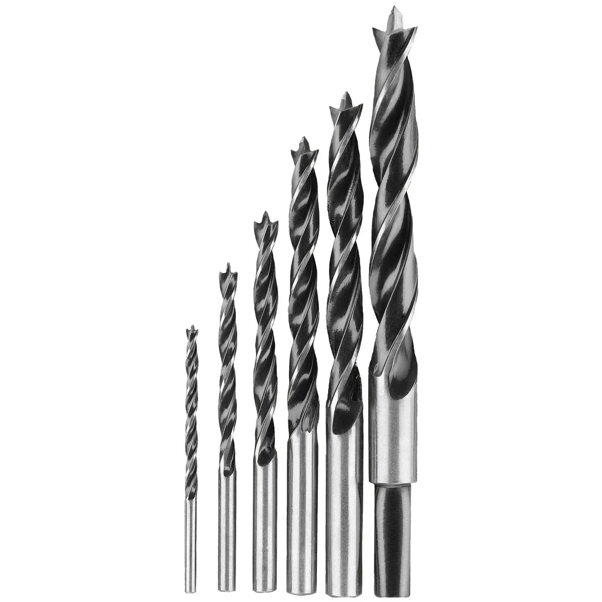 Black rectangular case holding six brad-point drill bits with spiral flutes and straight shanks