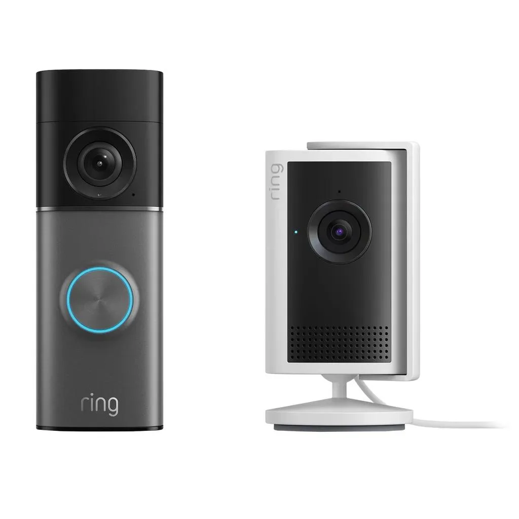 A wired video doorbell and a compact indoor security camera, both in a clean white finish