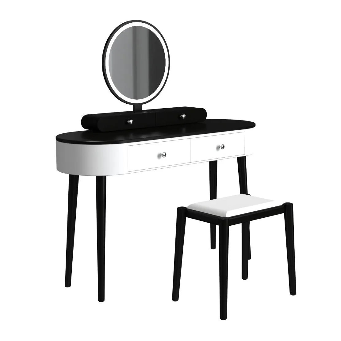 White vanity table 47 inches wide with round LED mirror and matching upholstered stool