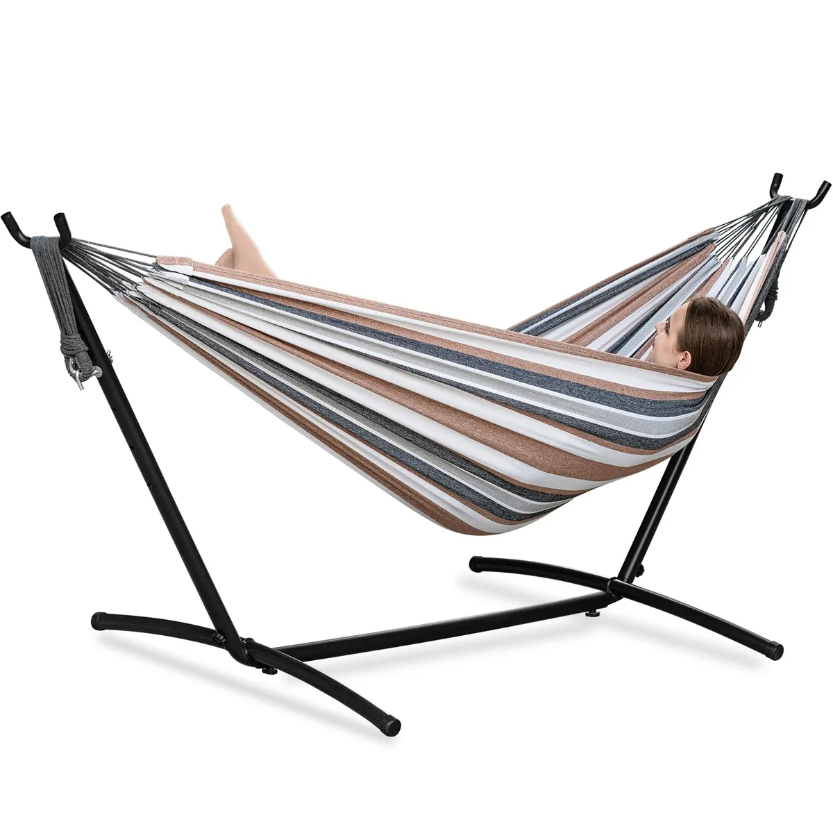 Striped cotton double hammock on black steel stand, coffee colour