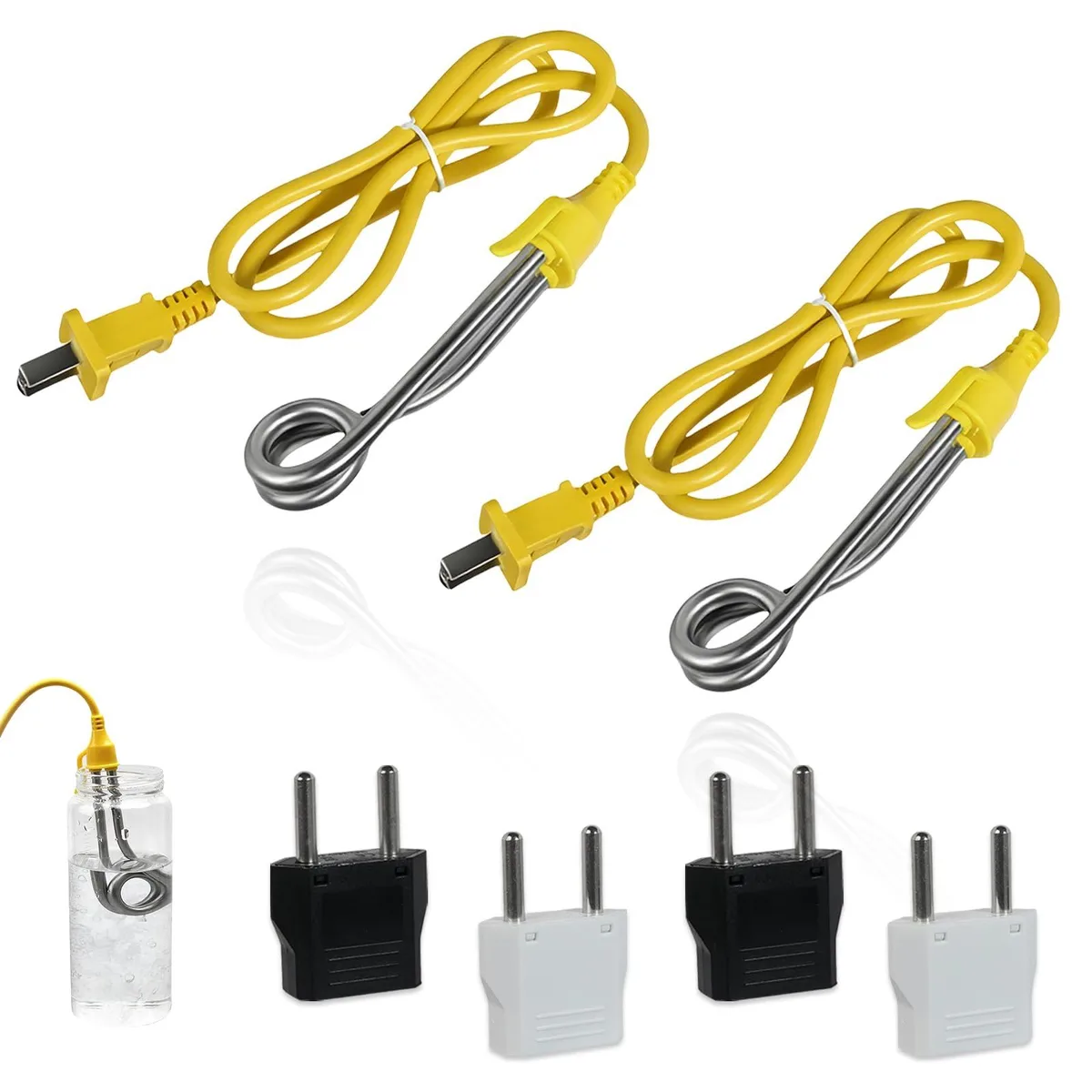 Two compact stainless steel immersion heaters with hanging handles and a travel adapter