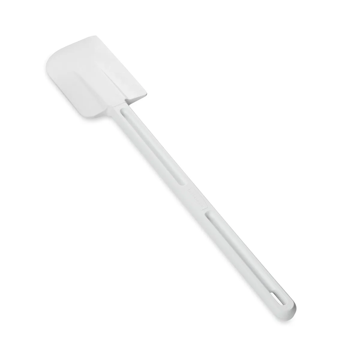 White bamboo spatula with rectangular flexible blade, nylon handle, hanging hole, 16.5 inch length
