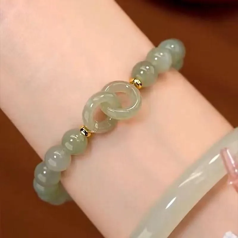  Lucky Feng Shui Natural Jade Bracelet Hetian Barrel Beads Nephrite Safety Button Peace Buckle Women's Design — product photo