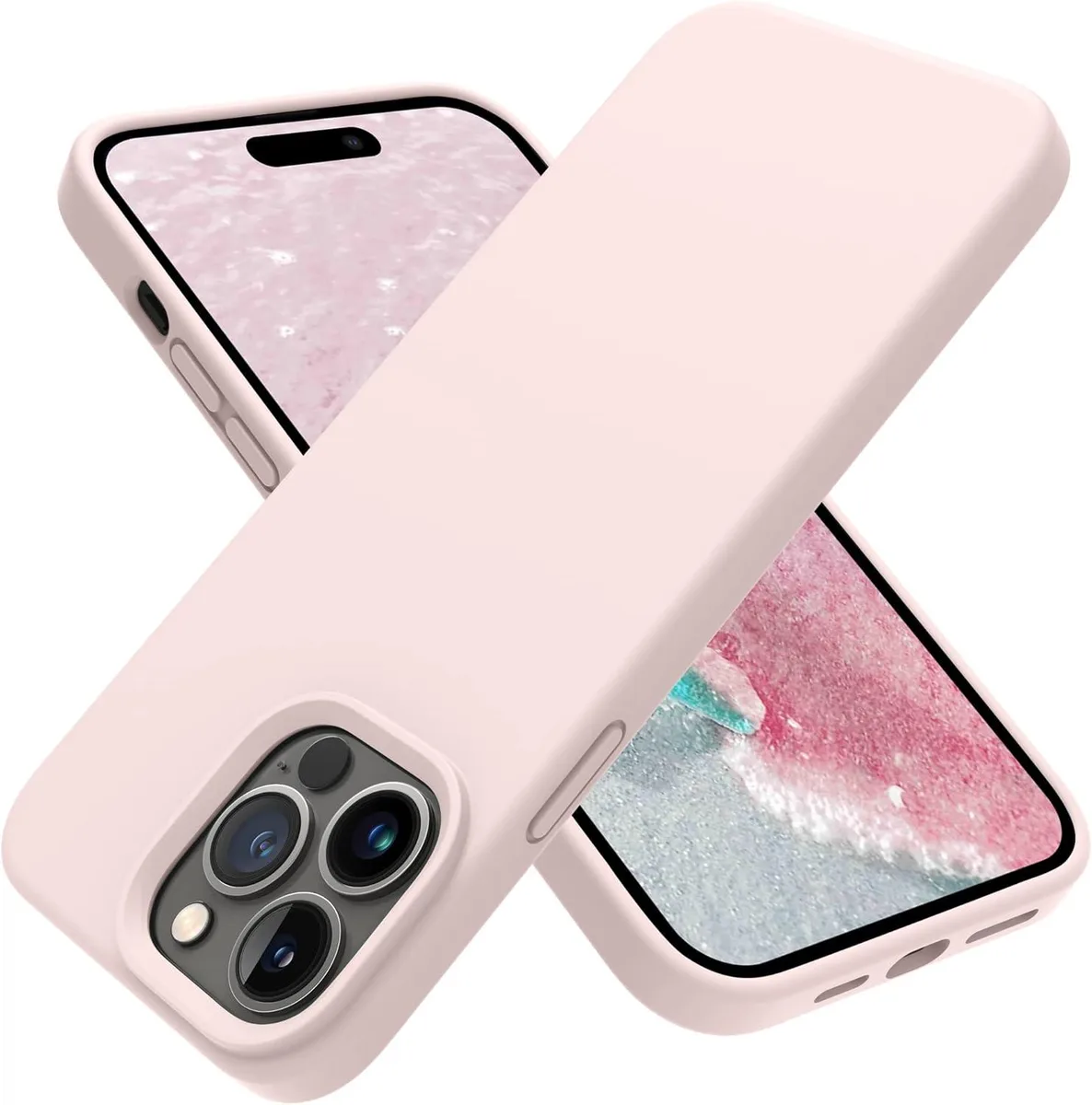 Chalk pink liquid silicone case for iPhone 14 Pro, slim with microfiber lining