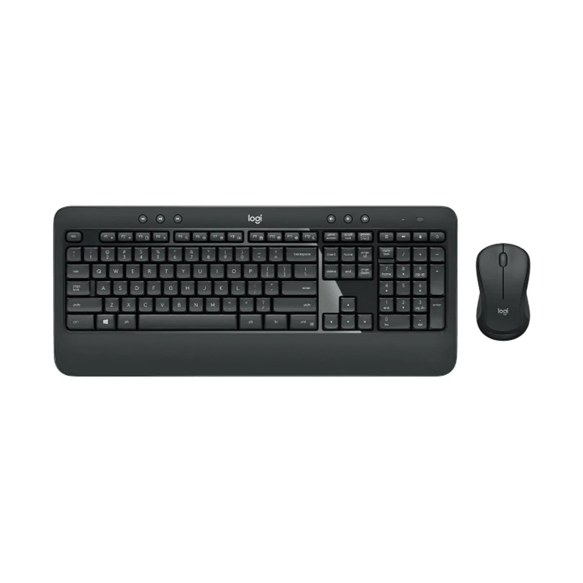 Black Logitech MK540 wireless keyboard with palm rest and matching mouse with USB receiver