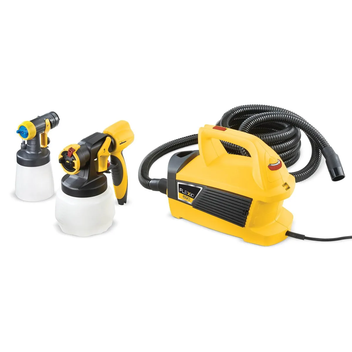 Wagner Flexio 690 paint sprayer with 15-foot hose, turbine unit on ground, spray gun in hand, matte finish