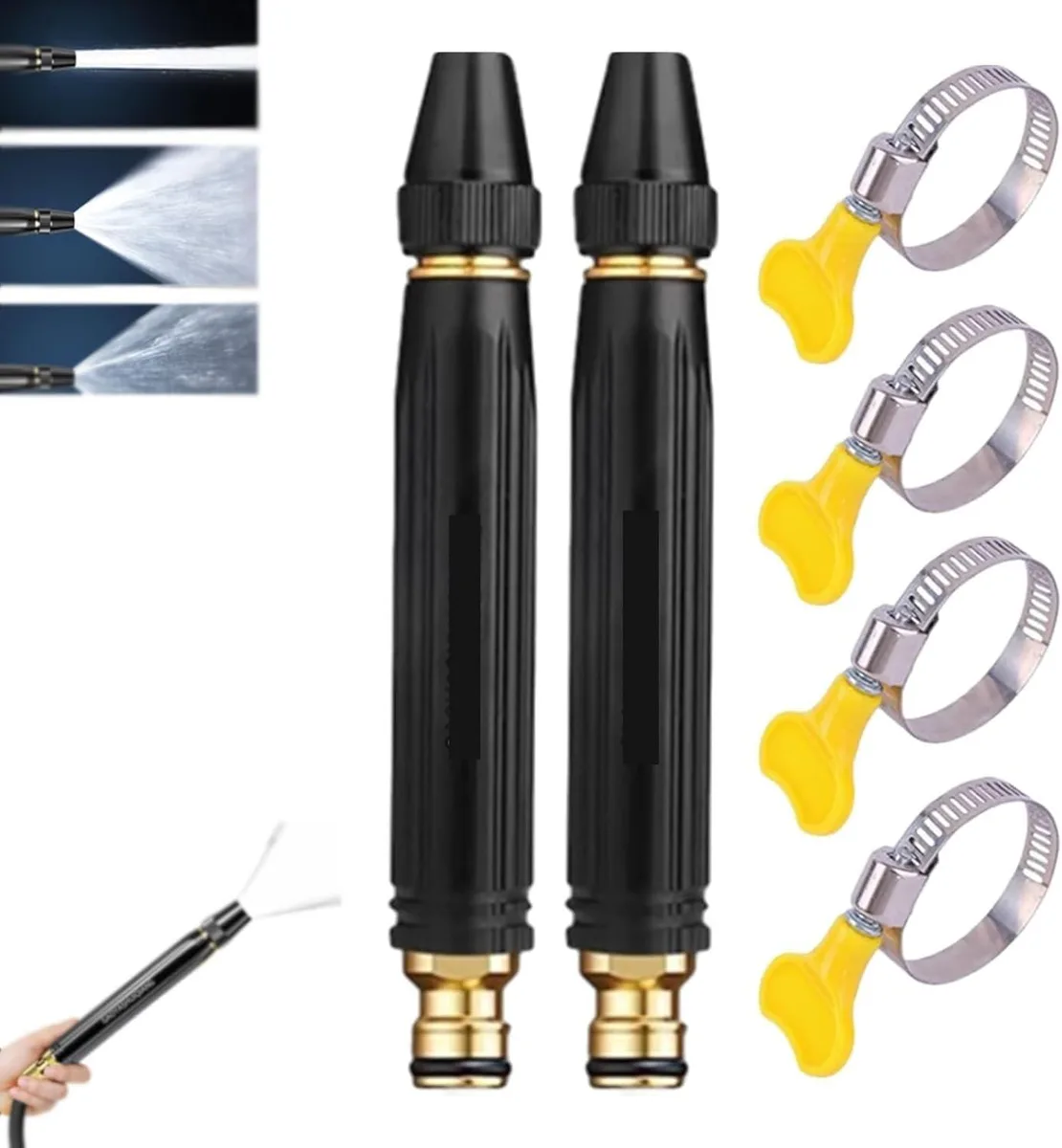 High-pressure car wash water gun with booster nozzle and hose, yellow grip clamps