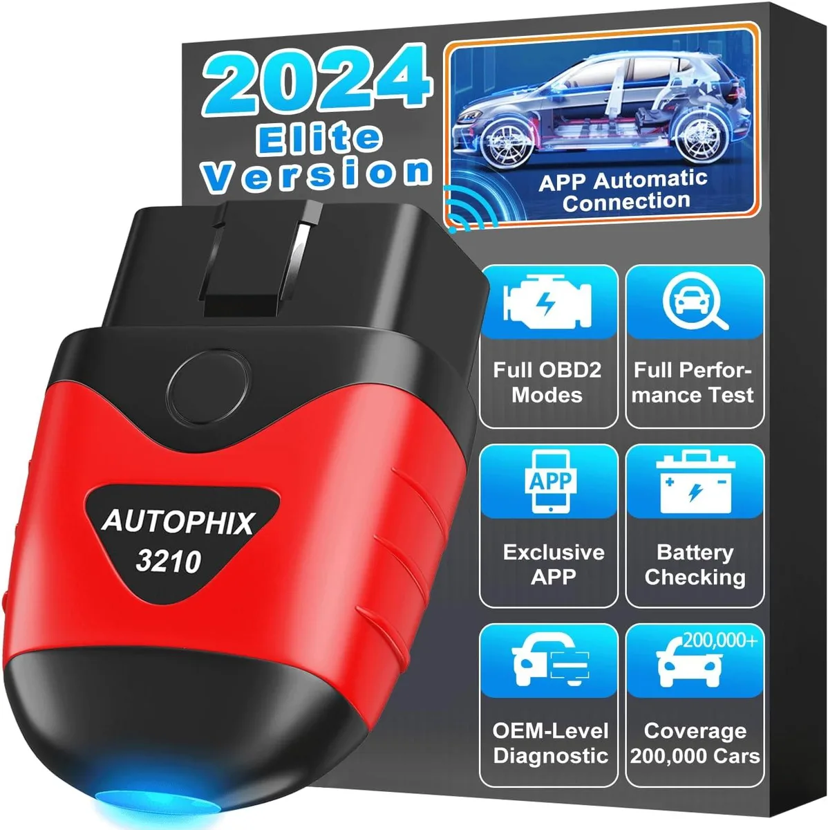 Compact black OBD2 dongle with 3210 on the side