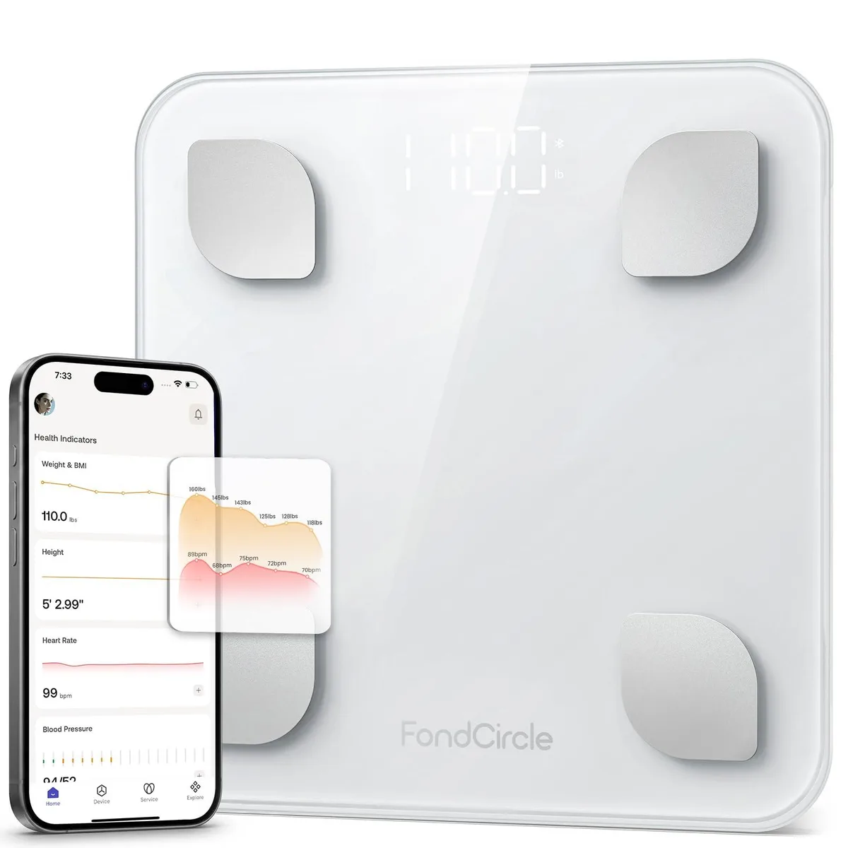 White rectangular bathroom scale with rounded corners and a smooth glass surface