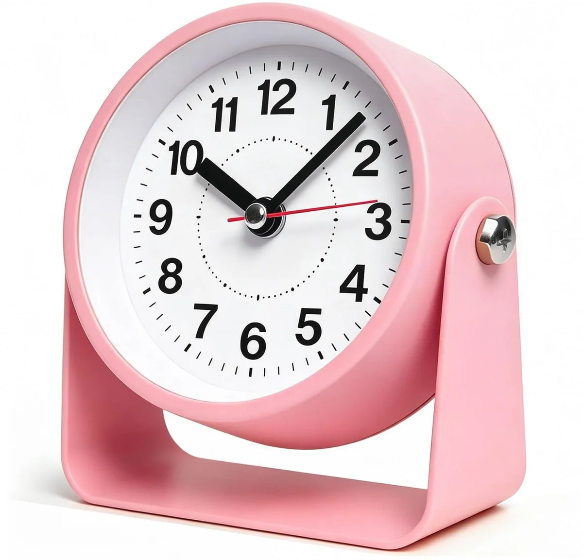 Pink 3.5 inch analog alarm clock with metal frame and adjustable stand