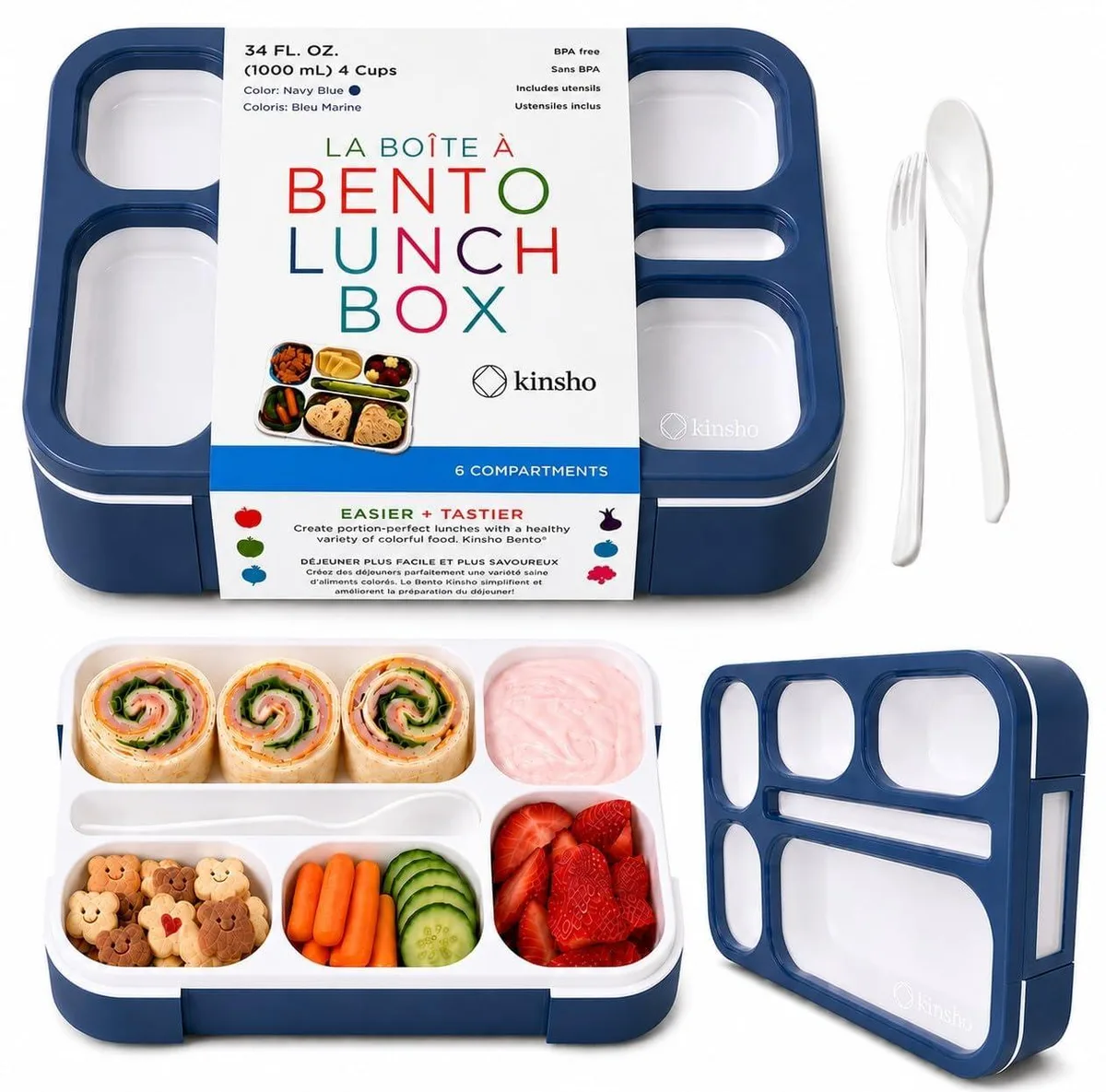 Navy blue rectangular bento box with six divided compartments and snap latches