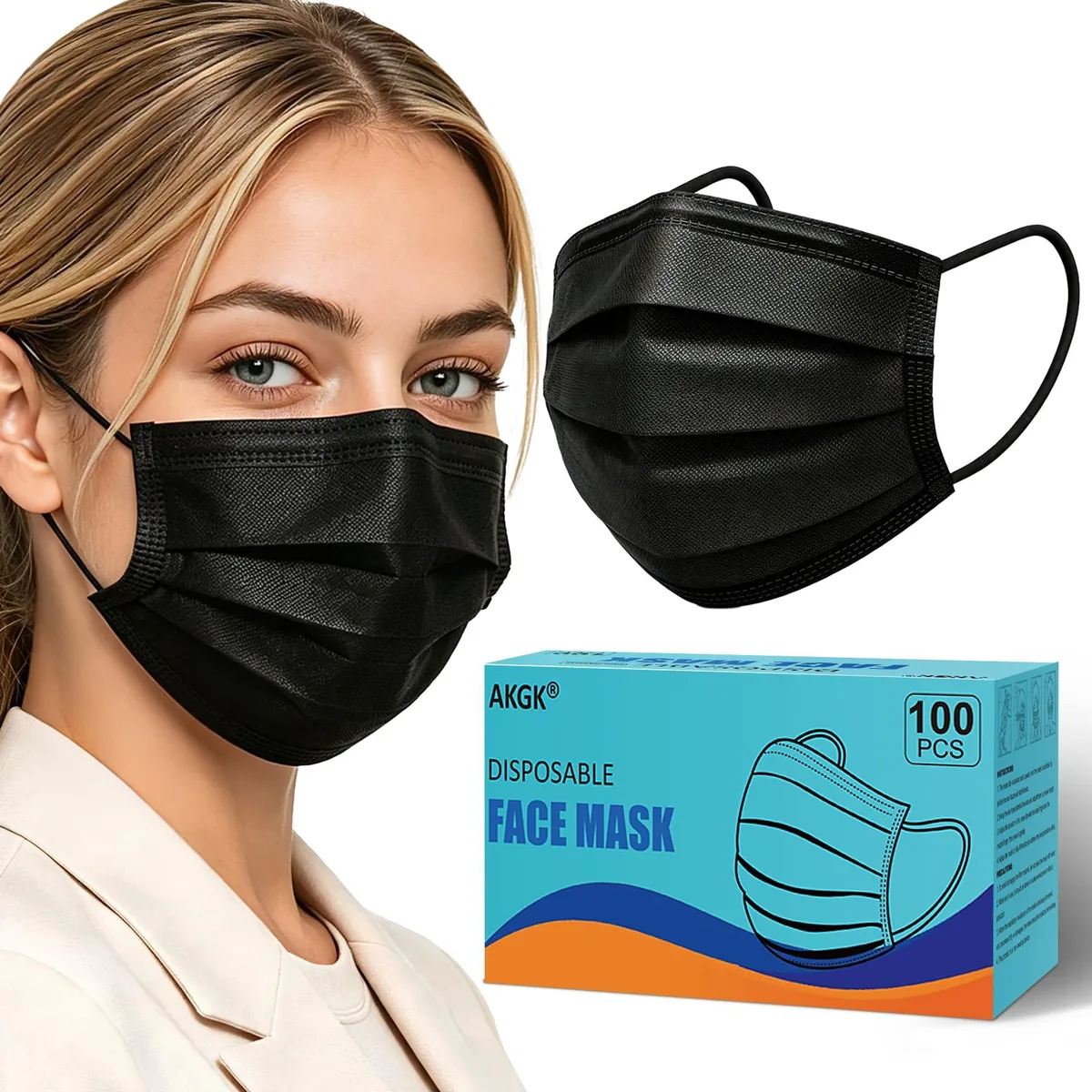 akgk Agkn-150 Disposable Face Masks 100 Count Black 3 Ply — product photo