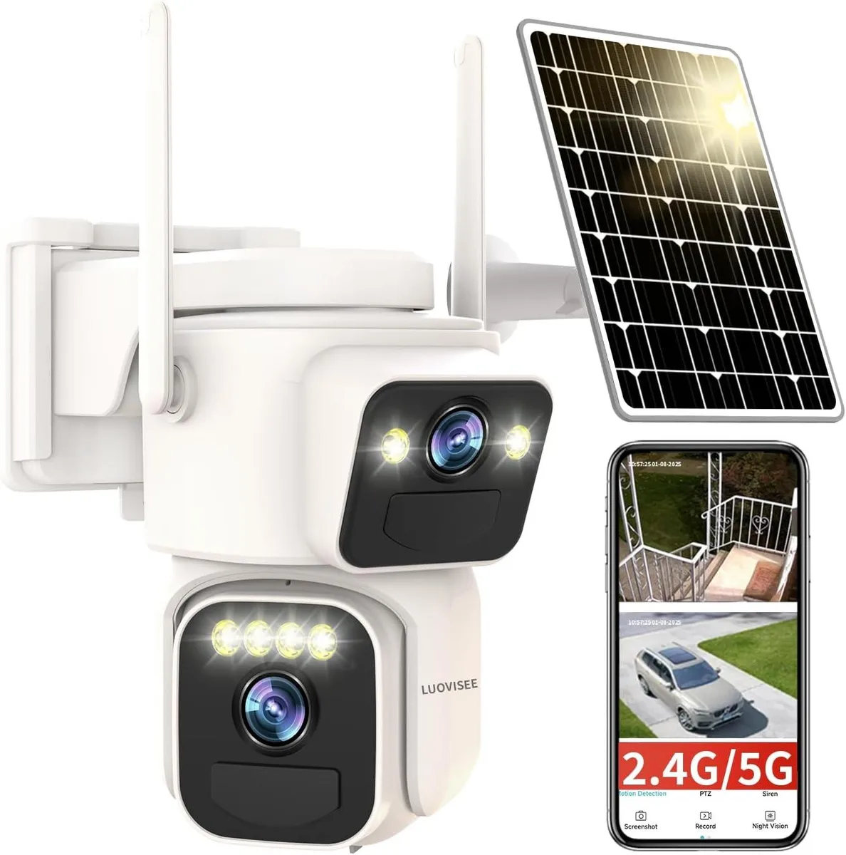 White dual-lens PTZ camera with solar panel, 360-degree coverage