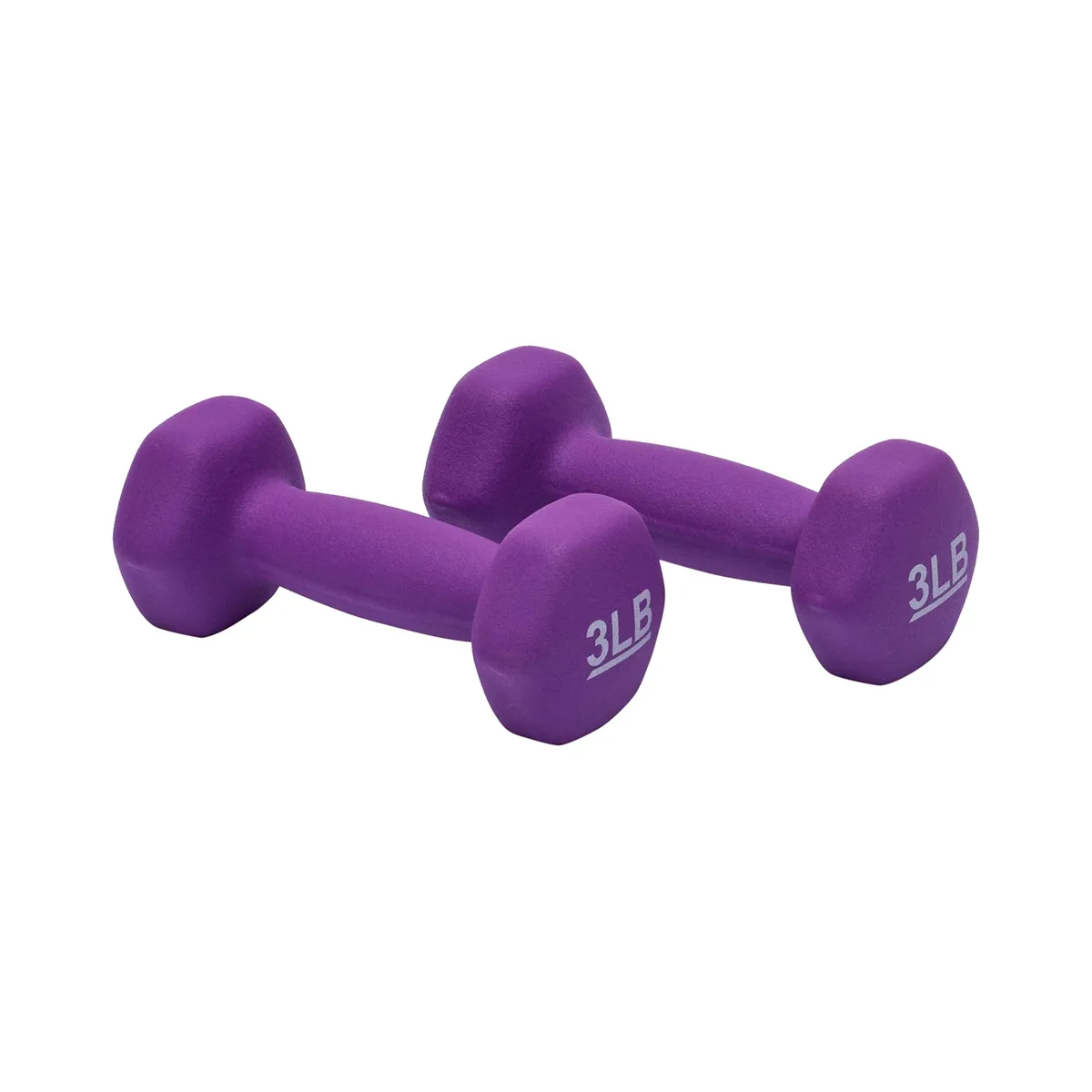 Pair of purple neoprene dumbbells with hexagonal ends