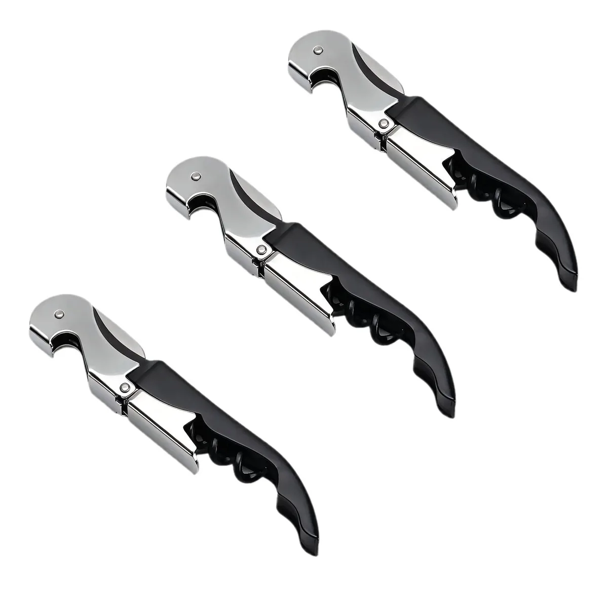 Three black metal waiter's corkscrews with folded arms and spiral worms
