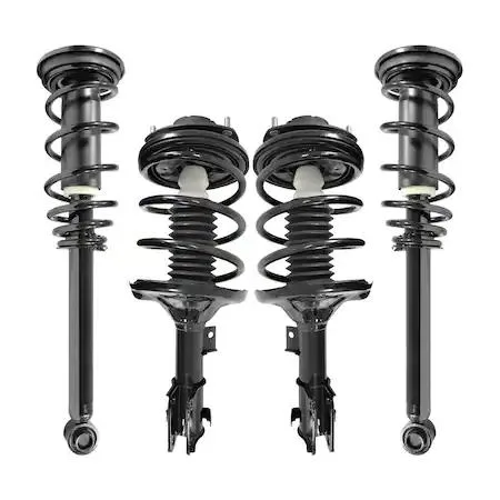 Four complete strut assemblies, silver metal coils and black mounts, arranged as a kit for Mitsubishi Eclipse