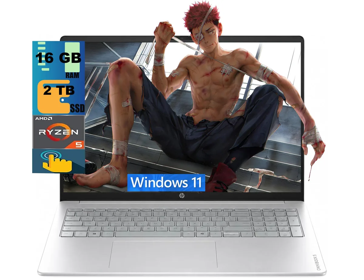 HP HP OmniBook 3 16 laptop, AMD Ryzen 5 40, 16GB DDR5, 2TB SSD, 16" WUXGA touchscreen, Silver — product photo