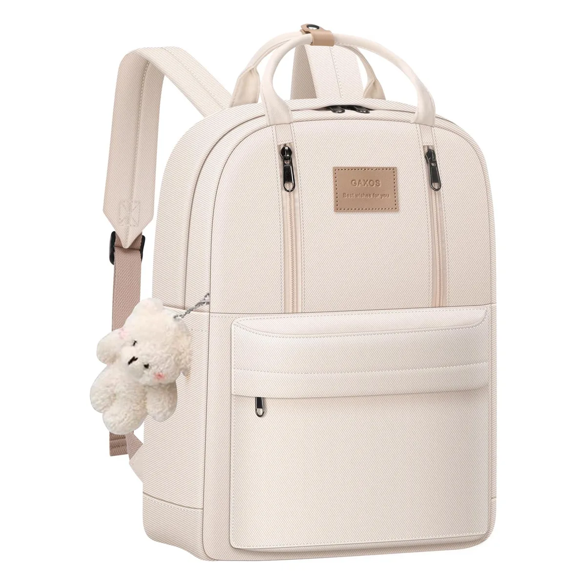 White rectangular nylon daypack with adjustable straps and a small bear charm