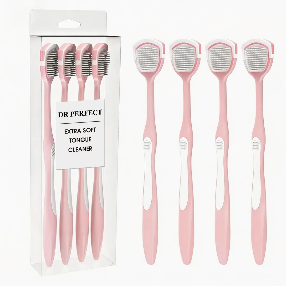 Four pink silicone tongue scrapers with dual-sided bristles and textured handles