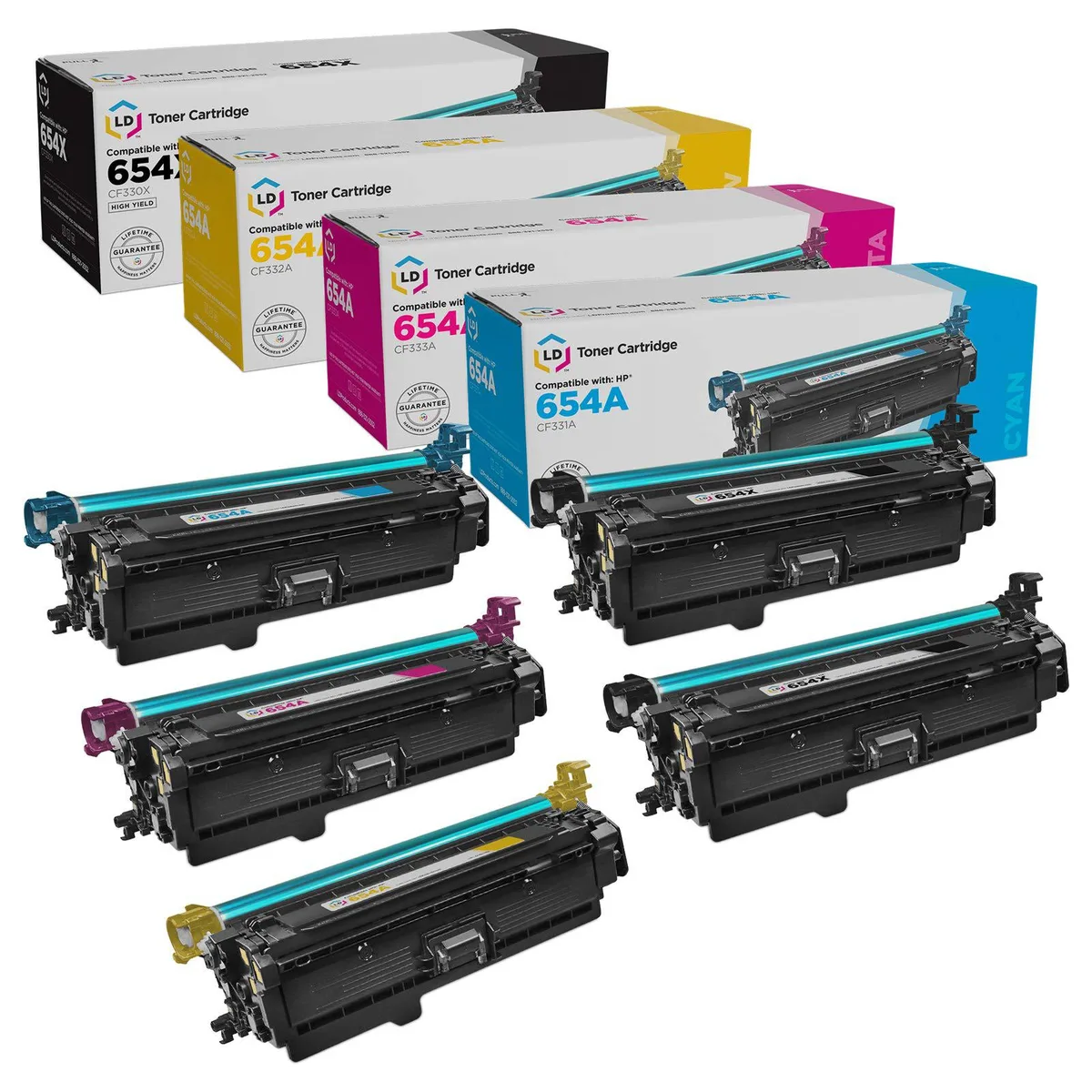 LD Products LD Products 654X/654A 5-pack toner cartridge set (2× CF330X Black, CF331A Cyan, CF332A Yellow, CF333A Magenta) — product photo