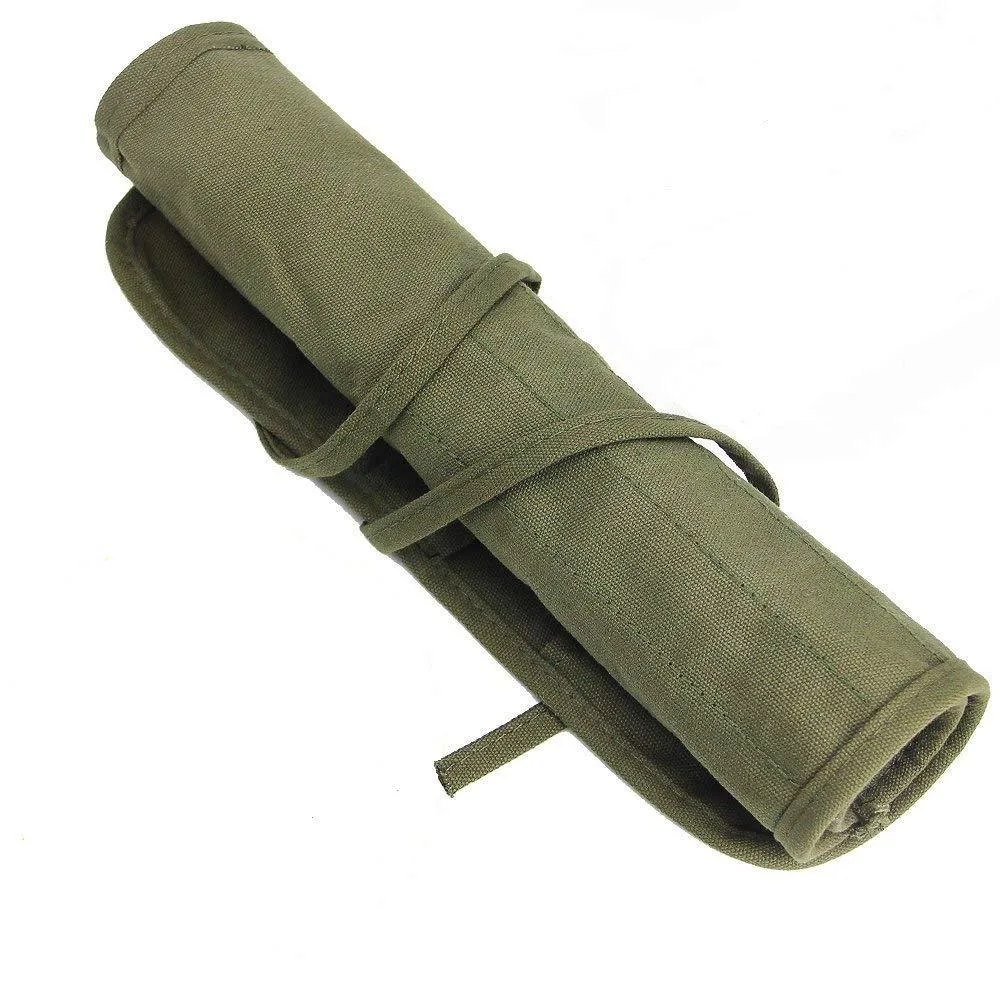 Army green canvas brush roll with 22 slots, rolled open to show stitched pockets