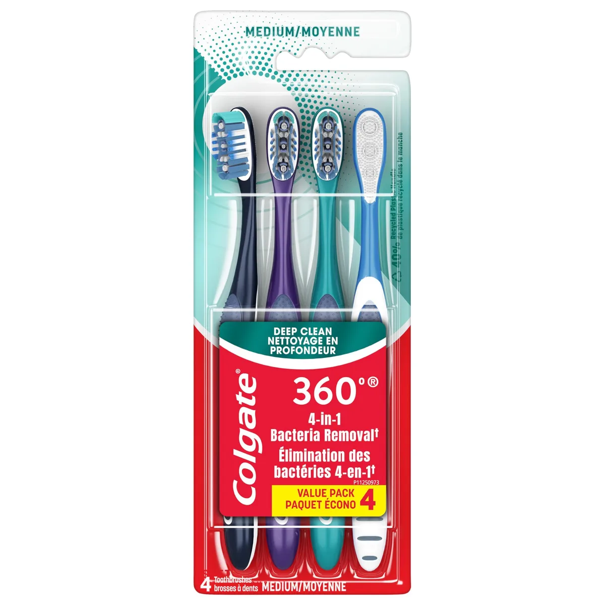 Four white manual toothbrushes with built-in tongue scrapers and ergonomic handles in a pack