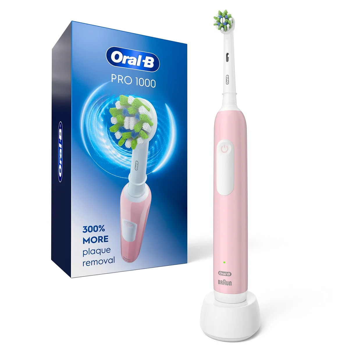 Pink rechargeable electric toothbrush with white handle and round brush head