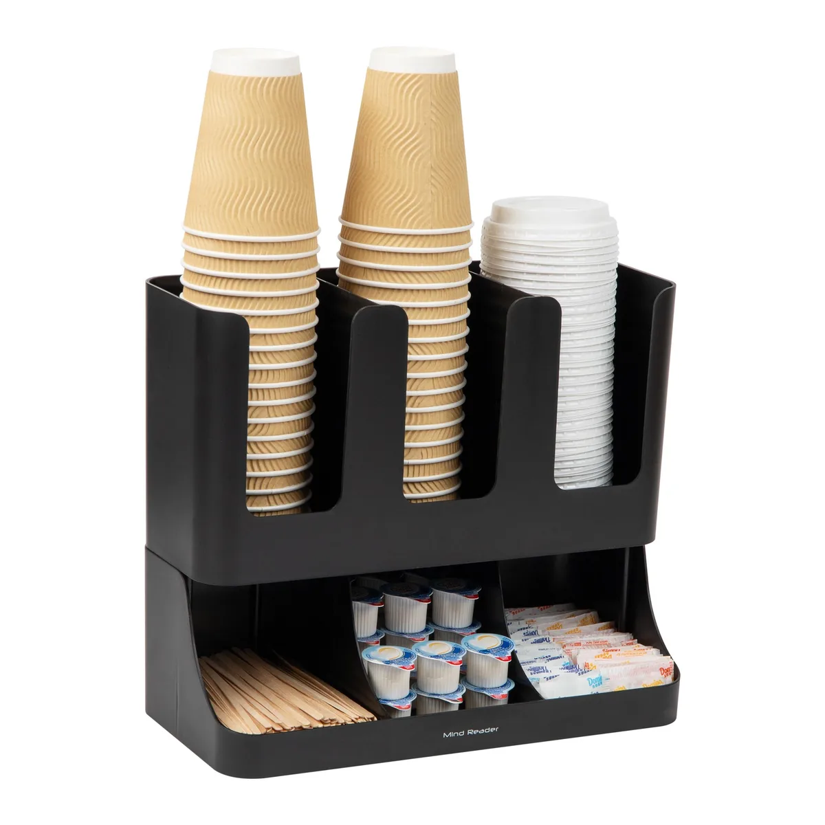 Black plastic countertop organizer with six upright compartments 13 inches long 6.4 inches wide 11.5 inches high