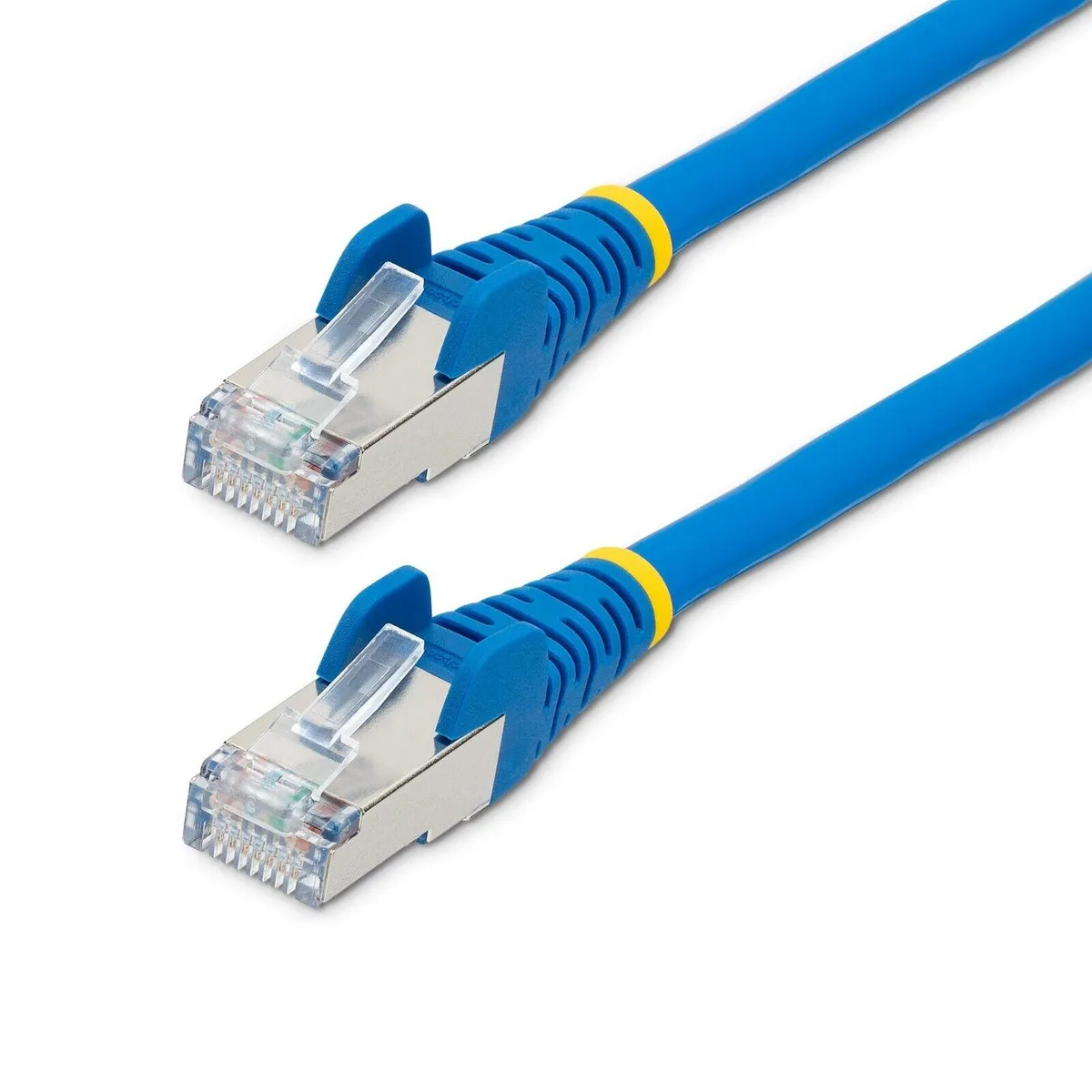 Blue 75ft CAT6a shielded Ethernet cable with snagless RJ45 connectors and strain reliefs