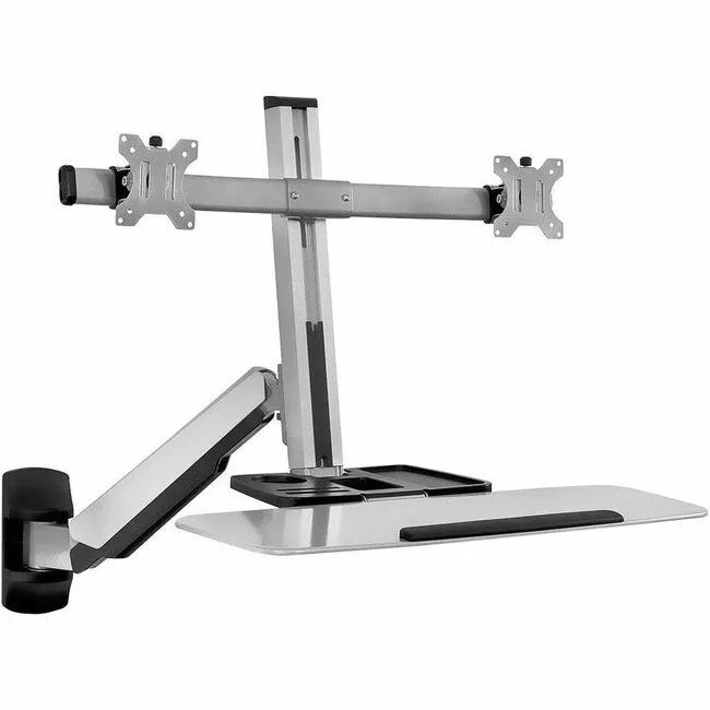 Gray wall-mounted desk with dual monitor arms and CPU holder