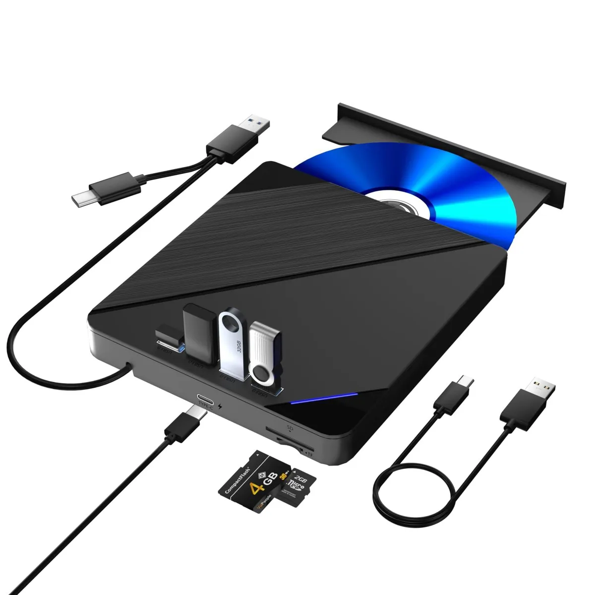  TYYWGD Bluray External Blu-ray Drive 7-in-1 USB 3.0 Type-C 4 USB Ports SD TF Card Slots 100G Disc R/W — product photo