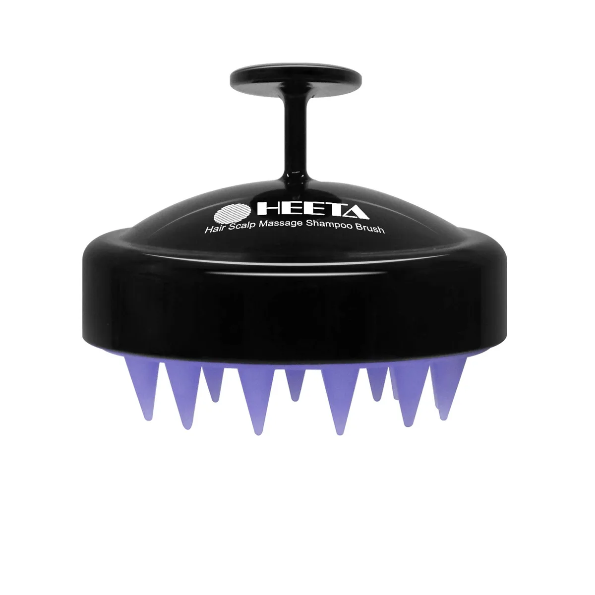 Black hand-held silicone scalp brush with ergonomic grip and flexible bristles